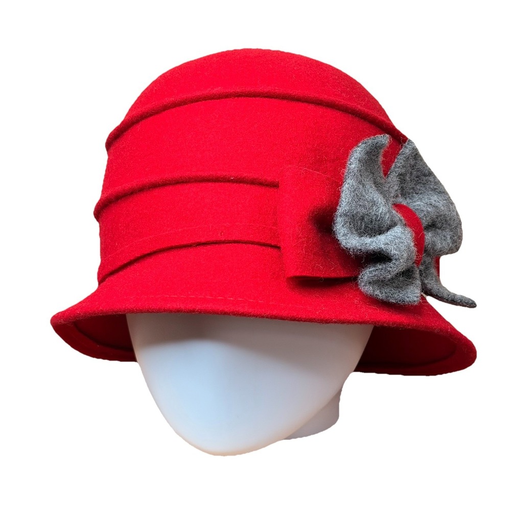 Galliano Sorbatti Red 100%Wool Cloche Hat Gray Side Bow Italy Made One Size NWT
